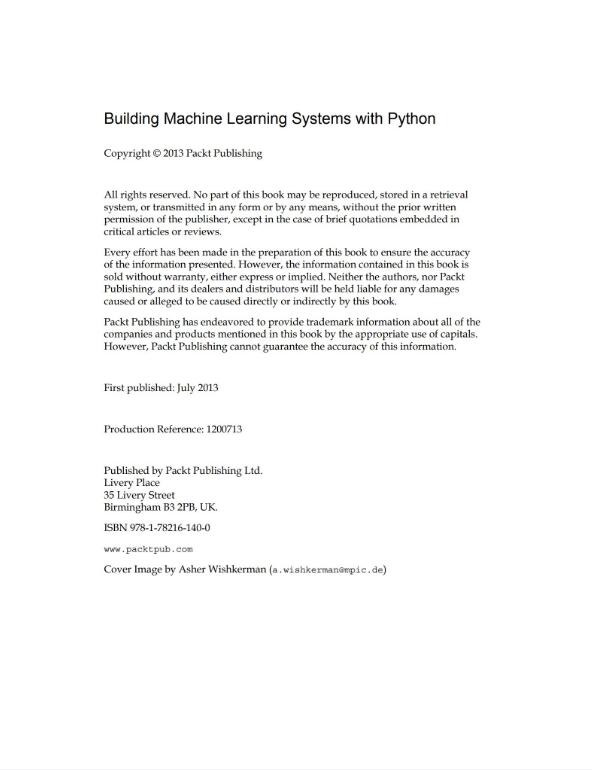 Building Machine Learning Systems with Python.